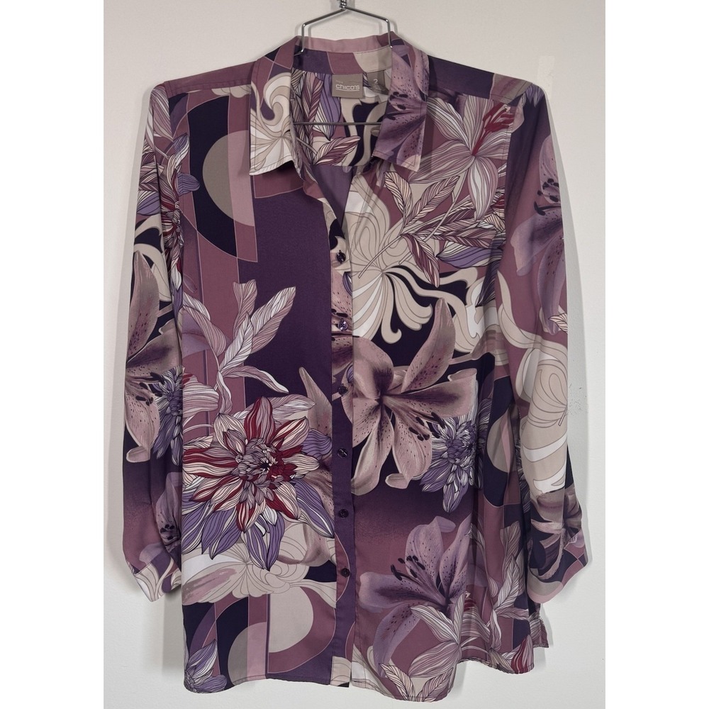 Chicos Purple Floral Long Sleeve Button Up Shirt Tunic Blouse Women's L Career